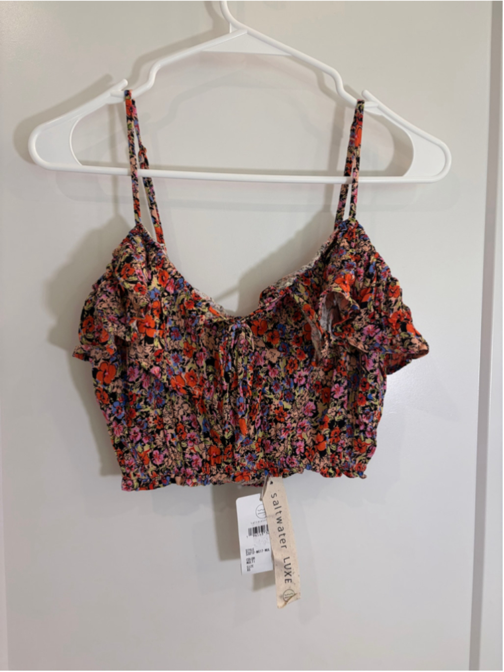 NWT Saltwater Luxe Floral Ruffle Crop Top Smocked Cami Multi-Color Women's XS